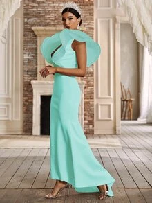 YISIKADO 深V領露背打結誇張荷葉邊魚尾裙下擺正式連衣裙 - 薄荷綠 - 查看 3