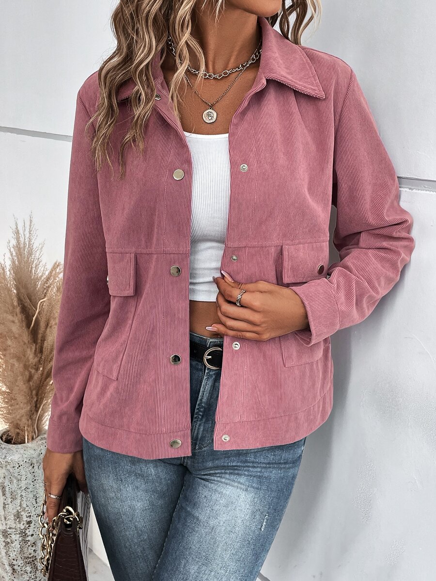 Flap Pocket Snap Button Front Corduroy Coat - Dusty Pink - View 1