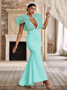 YISIKADO 深V領露背打結誇張荷葉邊魚尾裙下擺正式連衣裙 - 薄荷綠 - 查看 4