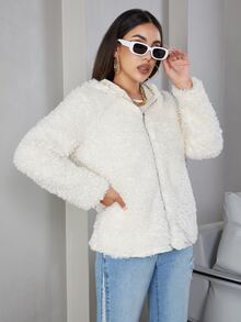 Eilly Bazar Solid Zip Up Hooded Fuzzy Coat - White - View 3