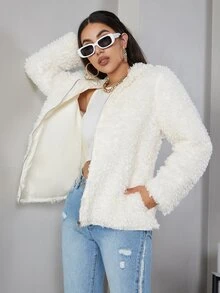 Eilly Bazar Solid Zip Up Hooded Fuzzy Coat - White - View 4