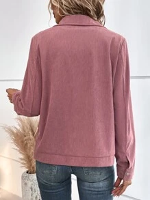 Flap Pocket Snap Button Front Corduroy Coat - Dusty Pink - View 2