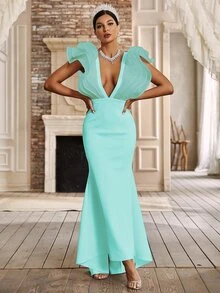 YISIKADO 深V領露背打結誇張荷葉邊魚尾裙下擺正式連衣裙 - 薄荷綠 - 查看 7