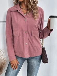 Flap Pocket Snap Button Front Corduroy Coat - Dusty Pink - View 3