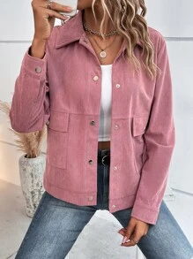 Flap Pocket Snap Button Front Corduroy Coat - Dusty Pink - View 5