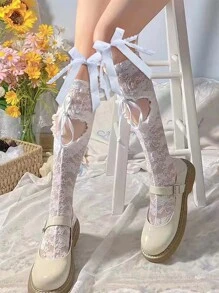 ROMWE Kawaii Floral Embroidered Bow Decor Cut Out Over The Calf Socks - White - View 1