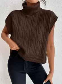 SHEIN Essnce Áo len nữ vest Cáp đan màu trơn Giải trí - Màu nâu Sô-cô-la - Xem 1