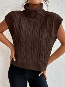 SHEIN Essnce Áo len nữ vest Cáp đan màu trơn Giải trí - Màu nâu Sô-cô-la - Xem 4