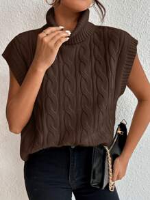 SHEIN Essnce Áo len nữ vest Cáp đan màu trơn Giải trí - Màu nâu Sô-cô-la - Xem 6