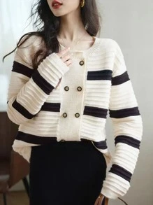 Striped Double Breasted Knit Coat - White - View 1