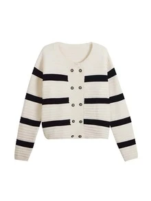 Striped Double Breasted Knit Coat - White - View 3