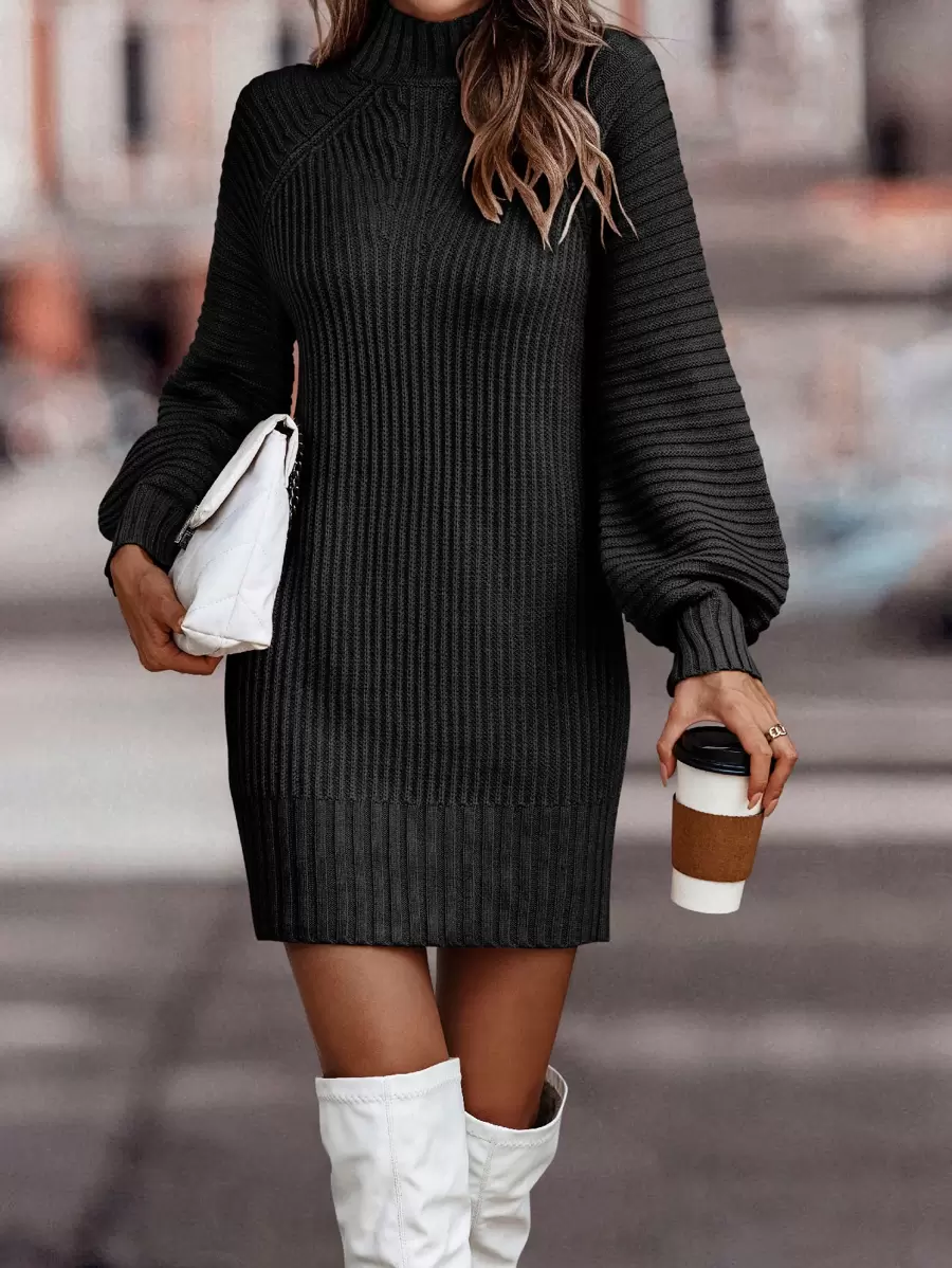 SHEIN LUNE Vestido de punto de cuello cisne de manga raglán - Negro - Ver 1