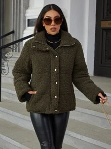 Eilly Bazar Slant Pocket Button Front Teddy Padded Coat - Army Green - View 1