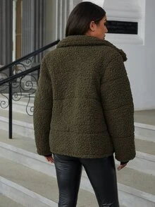 Eilly Bazar Slant Pocket Button Front Teddy Padded Coat - Army Green - View 2