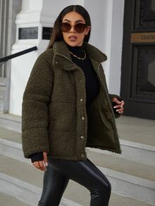 Eilly Bazar Slant Pocket Button Front Teddy Padded Coat - Army Green - View 3