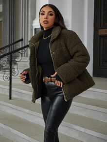 Eilly Bazar Slant Pocket Button Front Teddy Padded Coat - Army Green - View 4