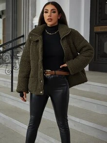 Eilly Bazar Slant Pocket Button Front Teddy Padded Coat - Army Green - View 5