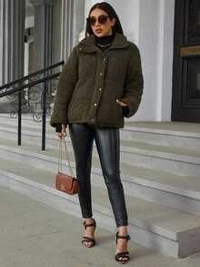 Eilly Bazar Slant Pocket Button Front Teddy Padded Coat - Army Green - View 6