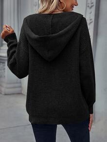 SHEIN LUNE Eyelet Detail Drop Shoulder Hooded Cardigan - Black - View 2