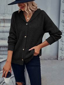 SHEIN LUNE Eyelet Detail Drop Shoulder Hooded Cardigan - Black - View 3