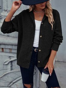 SHEIN LUNE Eyelet Detail Drop Shoulder Hooded Cardigan - Black - View 4