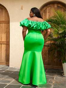 Plus Neon Green Off Shoulder Puff Sleeve Ruched Dress - Lime Green - View 2