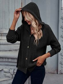 SHEIN LUNE Eyelet Detail Drop Shoulder Hooded Cardigan - Black - View 6
