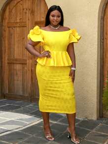 Plus Off Shoulder Butterfly Sleeve Lace Peplum Split Back Dress - Yellow - View 1