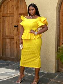 Plus Off Shoulder Butterfly Sleeve Lace Peplum Split Back Dress - Yellow - View 4