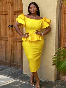 Plus Off Shoulder Butterfly Sleeve Lace Peplum Split Back Dress - Yellow - View 5