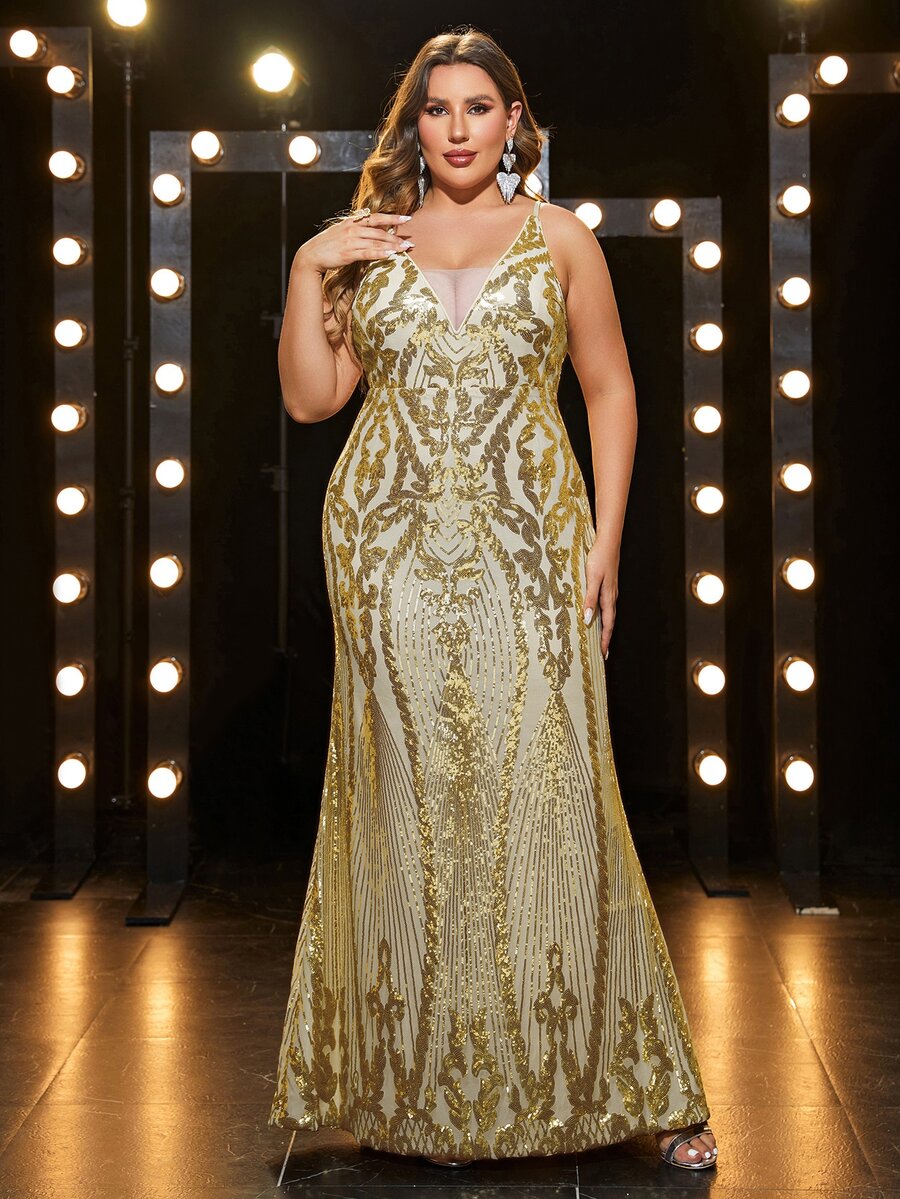 YISIKADO Plus Mesh Insert Sequin Formal Dress - Gold - View 1