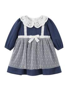 Bebé Vestido schiffy en contraste con lazo delantero - Azul y blanco - Ver 1