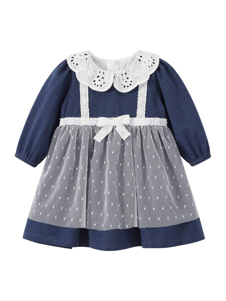 Bebé Vestido schiffy en contraste con lazo delantero - Azul y blanco - Ver 1