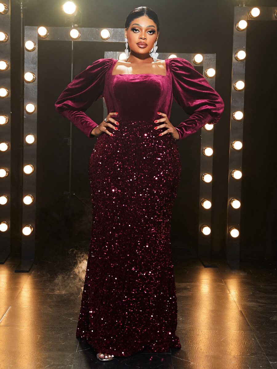 YISIKADO Đầm Plus Size ghép mộng kim sa Dây kéo màu trơn Buổi tiệc - Màu Tím - Xem 1