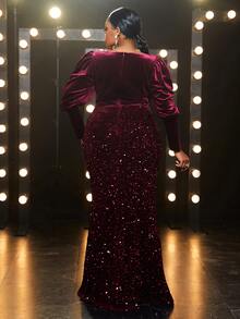 YISIKADO Đầm Plus Size ghép mộng kim sa Dây kéo màu trơn Buổi tiệc - Màu Tím - Xem 2