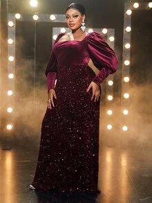 YISIKADO Đầm Plus Size ghép mộng kim sa Dây kéo màu trơn Buổi tiệc - Màu Tím - Xem 5