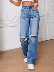 SHEIN Tall 破洞直筒牛仔褲 - 淺色水洗藍 - 查看 1
