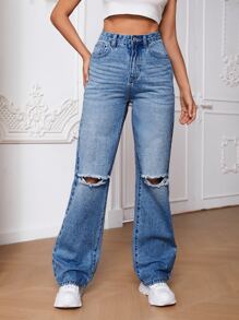 SHEIN Tall 破洞直筒牛仔褲 - 淺色水洗藍 - 查看 7
