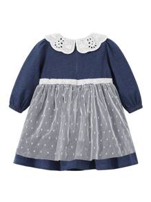 Bebé Vestido schiffy en contraste con lazo delantero - Azul y blanco - Ver 2