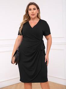 Plus Knot Side Wrap Dress - Black - View 3