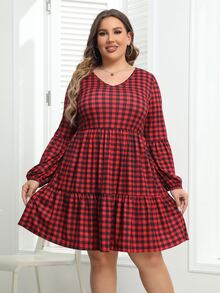 大碼雙色格子燈籠袖荷葉邊連衣裙 - 酒紅色 - 查看 3