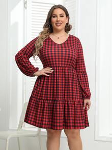 大碼雙色格子燈籠袖荷葉邊連衣裙 - 酒紅色 - 查看 4