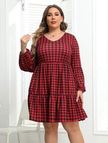 大碼雙色格子燈籠袖荷葉邊連衣裙 - 酒紅色 - 查看 5