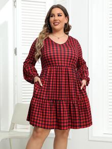 大碼雙色格子燈籠袖荷葉邊連衣裙 - 酒紅色 - 查看 6