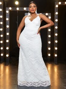 YISIKADO 大碼後背十字交叉蕾絲吊帶婚紗洋裝