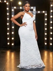 YISIKADO 大碼後背十字交叉蕾絲吊帶婚紗洋裝