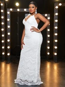 YISIKADO 大碼後背十字交叉蕾絲吊帶婚紗洋裝