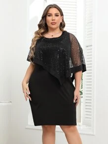 Nemidor Đầm Plus Size Tương phản Mesh ghép mộng kim sa Tất cả trên in Thanh lịch - màu đen - Xem 3