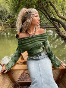 ROMWE PUNK Grunge Off Shoulder Ruched Tee - Army Green - View 3