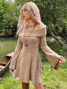 ROMWE PUNK Grunge Off Shoulder Lettuce Trim Dress - Apricot - View 3